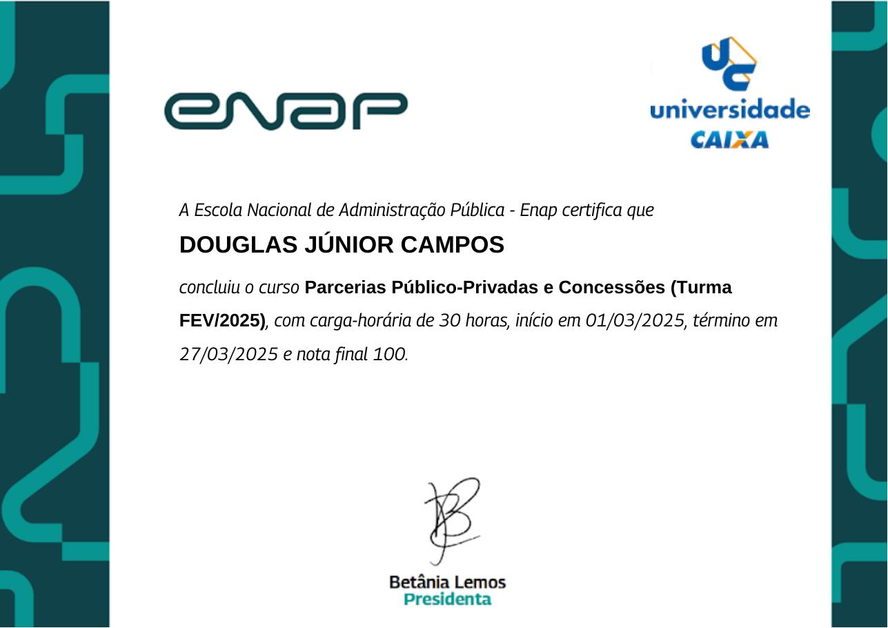 Certificado do curso Parcerias Público-Privadas e Concessões, emitido por Enap — Escola Nacional de Administração Pública