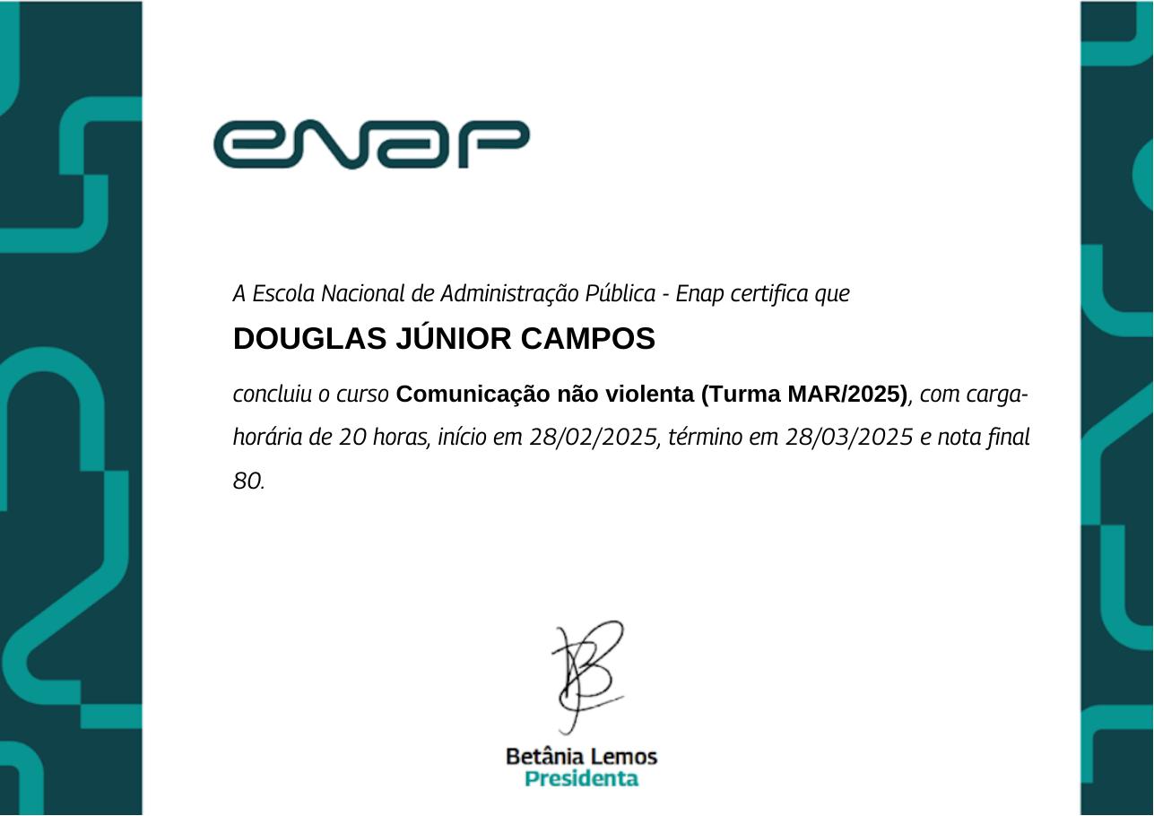 Certificado do curso Comunicação não violenta, emitido por Enap — Escola Nacional de Administração Pública