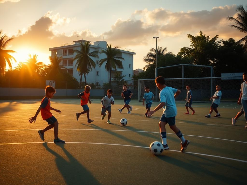 Crianças praticando esporte em quadra comunitária ao pôr do sol