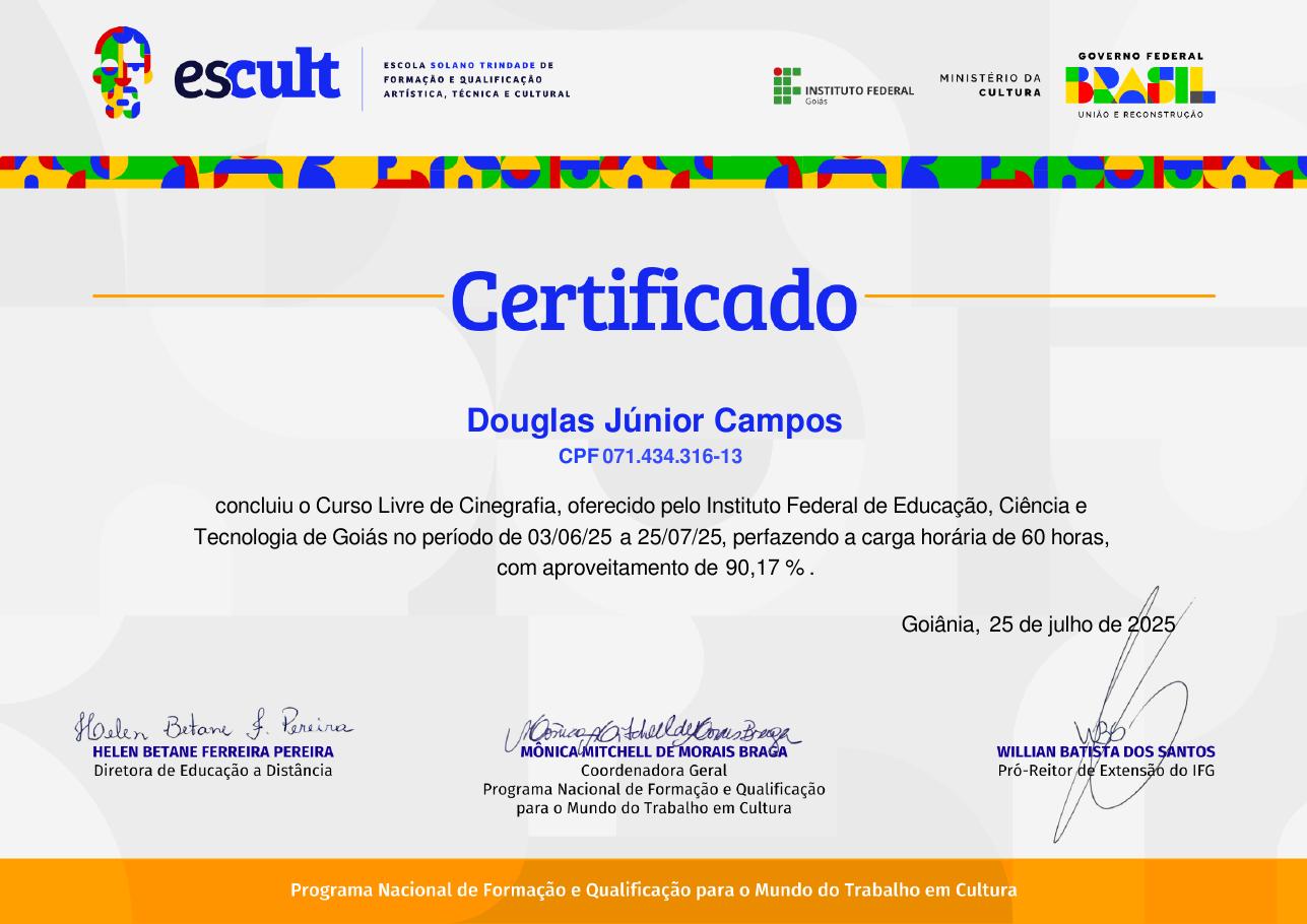 Certificado do curso Cinegrafia e Operação de Câmera, emitido por Instituto Federal de Goiás — IFG