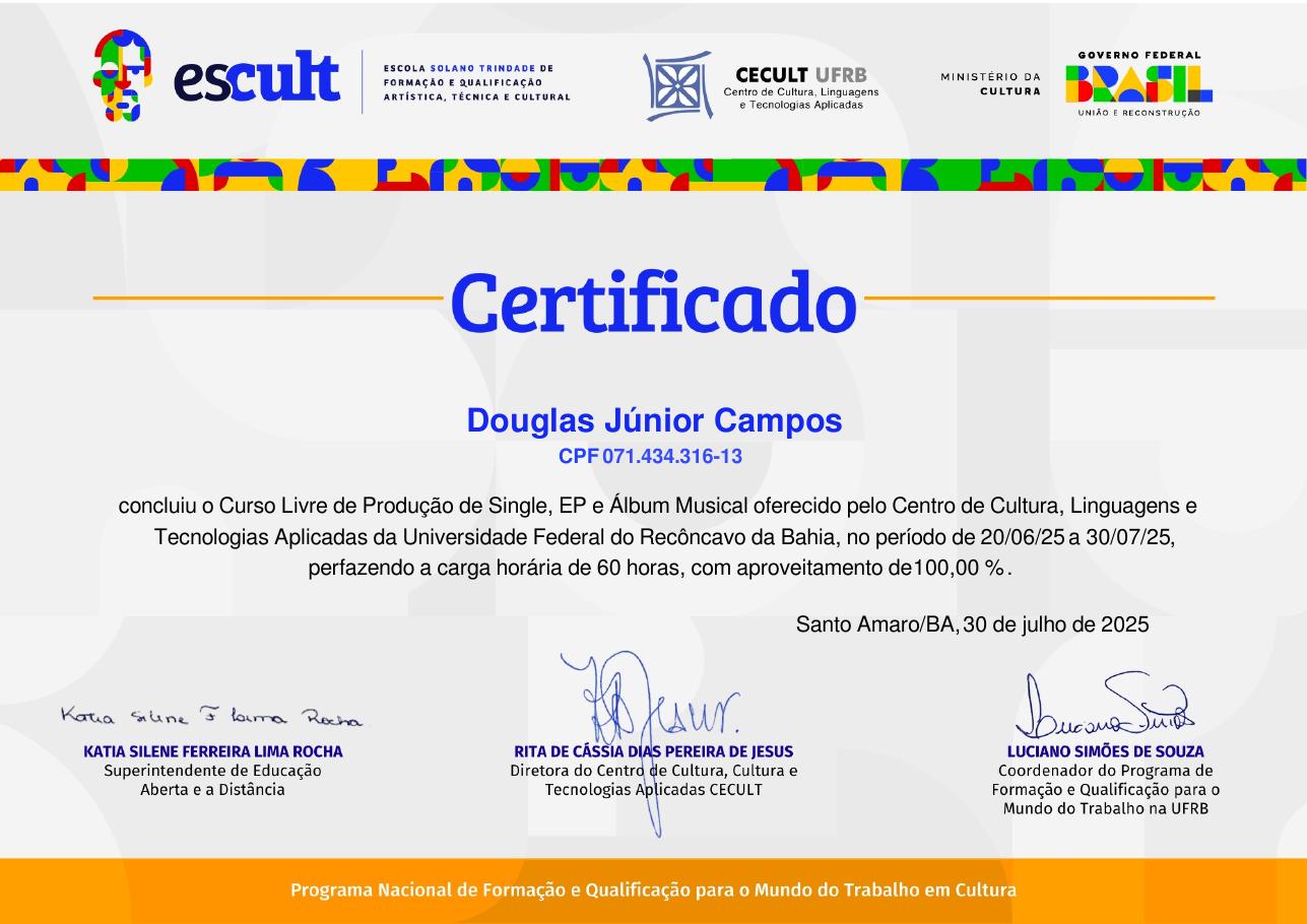 Certificado do curso Produção de Single, EP e Álbum Musical, emitido por Universidade Federal do Recôncavo da Bahia — UFRB