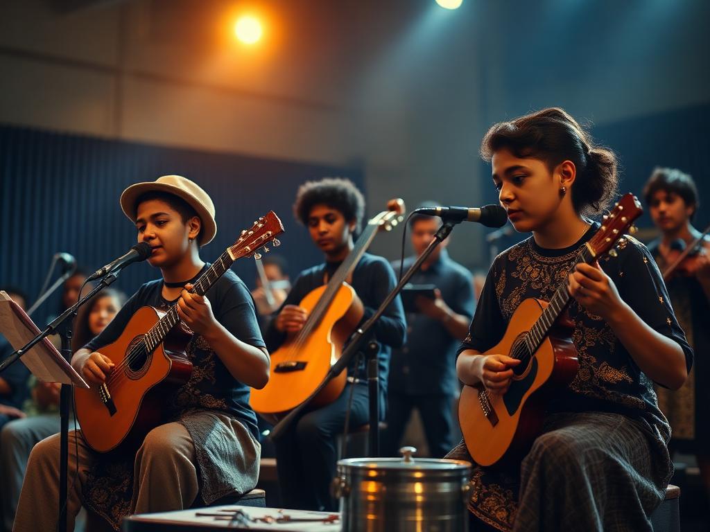 Jovens músicos em projeto cultural comunitário