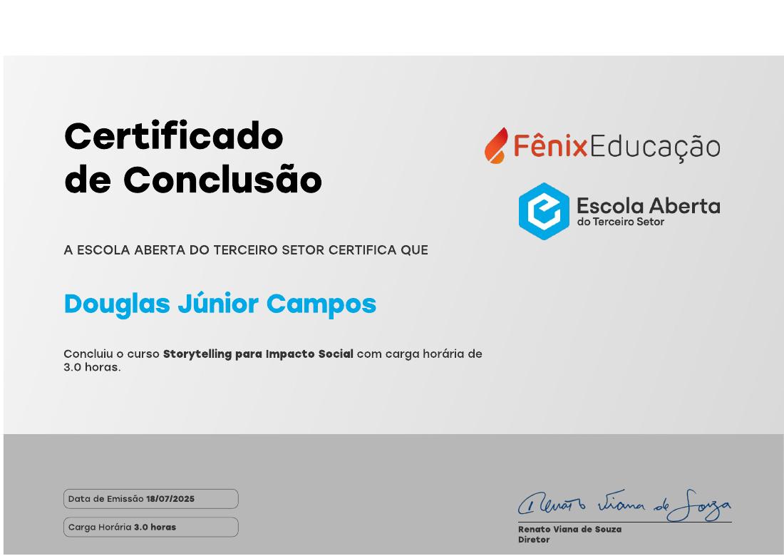 Certificado do curso Storytelling para Impacto Social, emitido por Escola Aberta do Terceiro Setor
