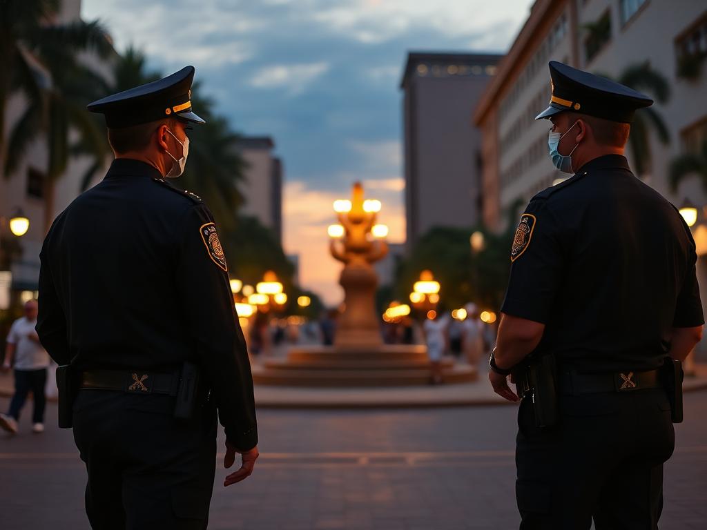 Agentes da Guarda Municipal em ronda numa praça da cidade