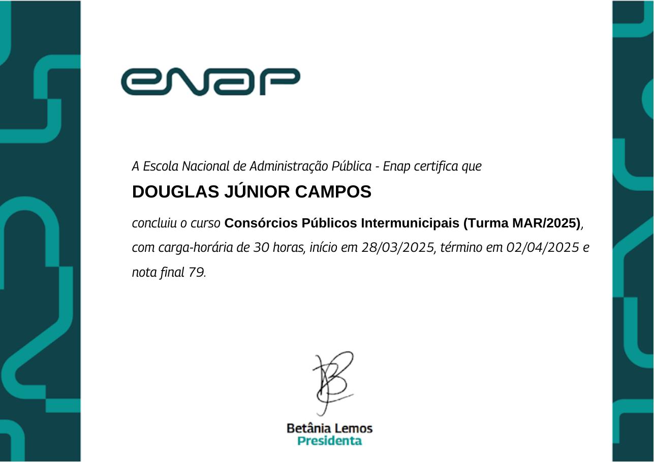 Certificado do curso Consórcios Públicos Intermunicipais, emitido por Enap — Escola Nacional de Administração Pública