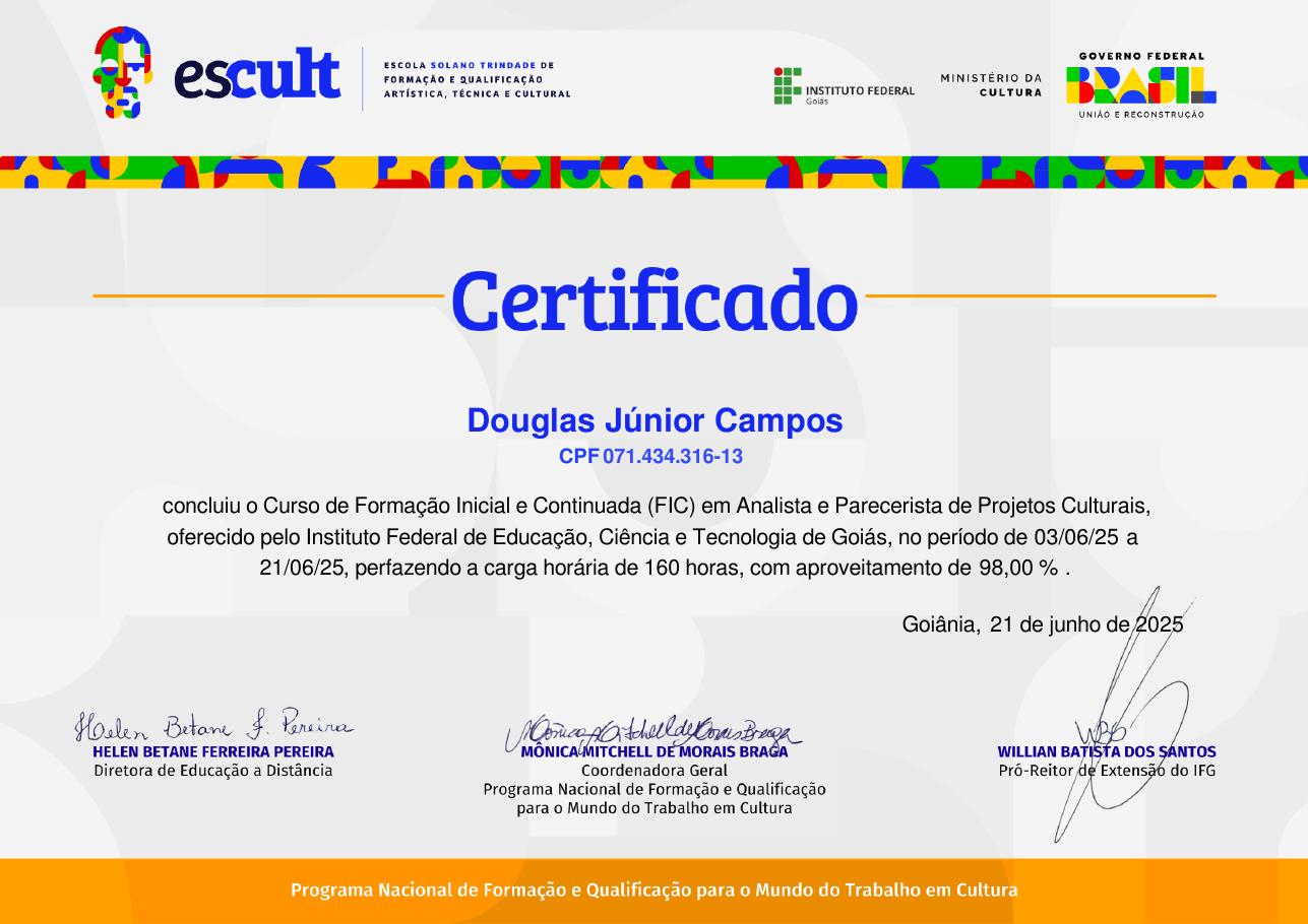 Certificado do curso Analista e Parecerista de Projetos Culturais, emitido por Instituto Federal de Goiás — IFG