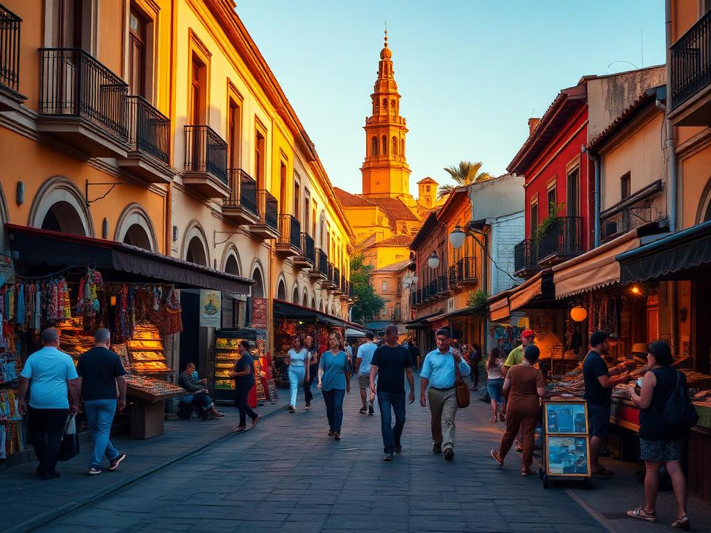 Rua histórica movimentada com feira de artesanato ao entardecer
