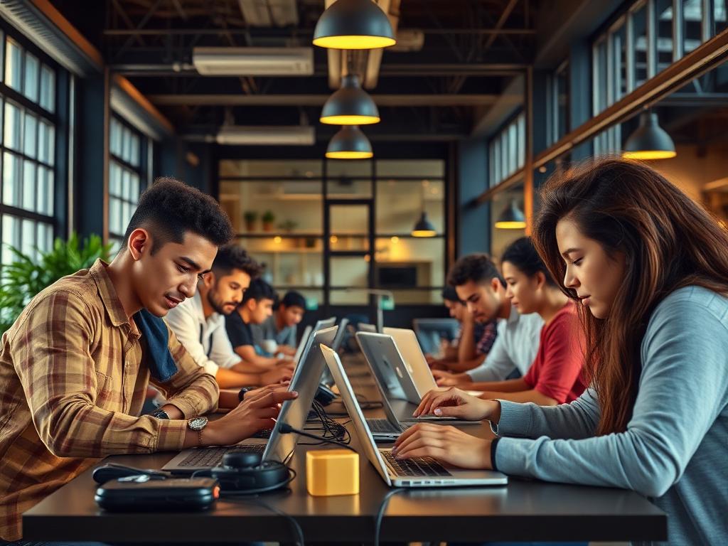 Jovens empreendedores trabalhando em um hub de inovação