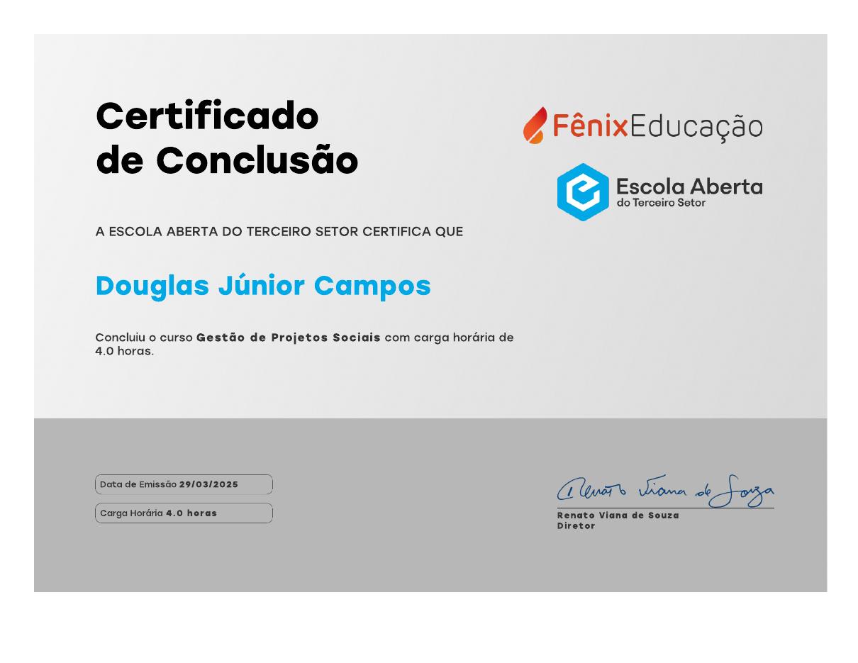 Certificado do curso Gestão de Projetos Sociais, emitido por Escola Aberta do Terceiro Setor