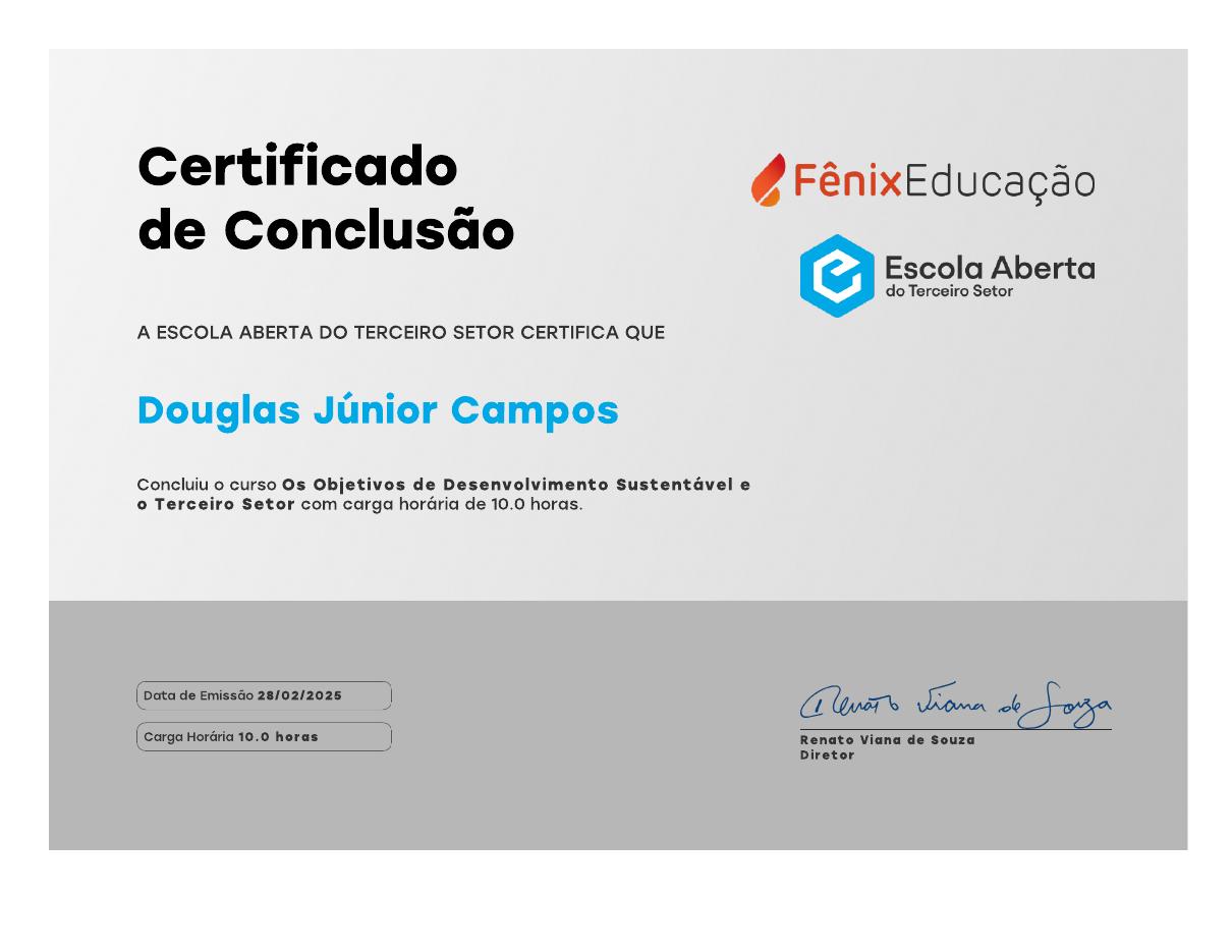 Certificado do curso Objetivos de Desenvolvimento Sustentável e o Terceiro Setor, emitido por Escola Aberta do Terceiro Setor