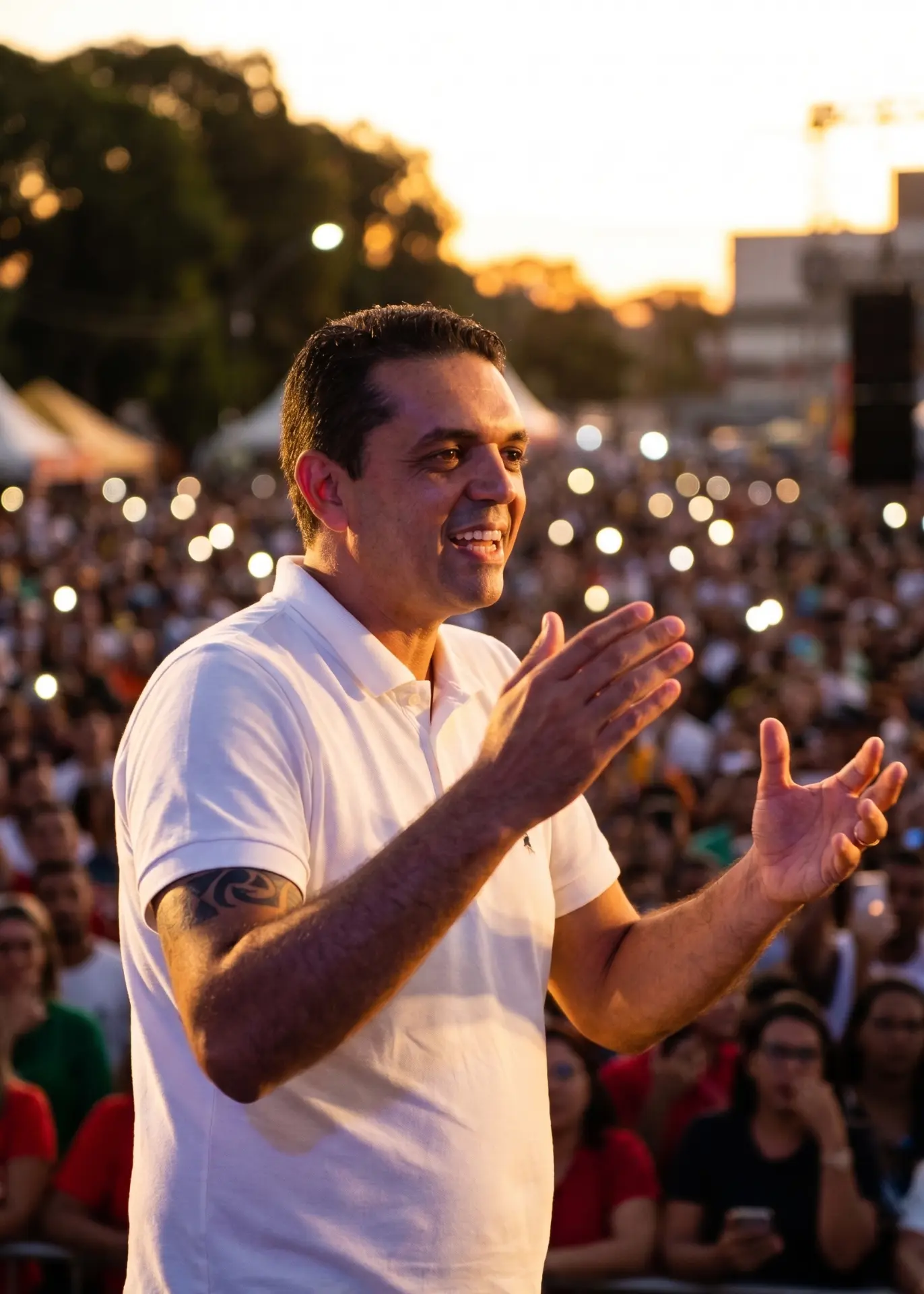 Douglas Campos diante de uma multidão ao entardecer
