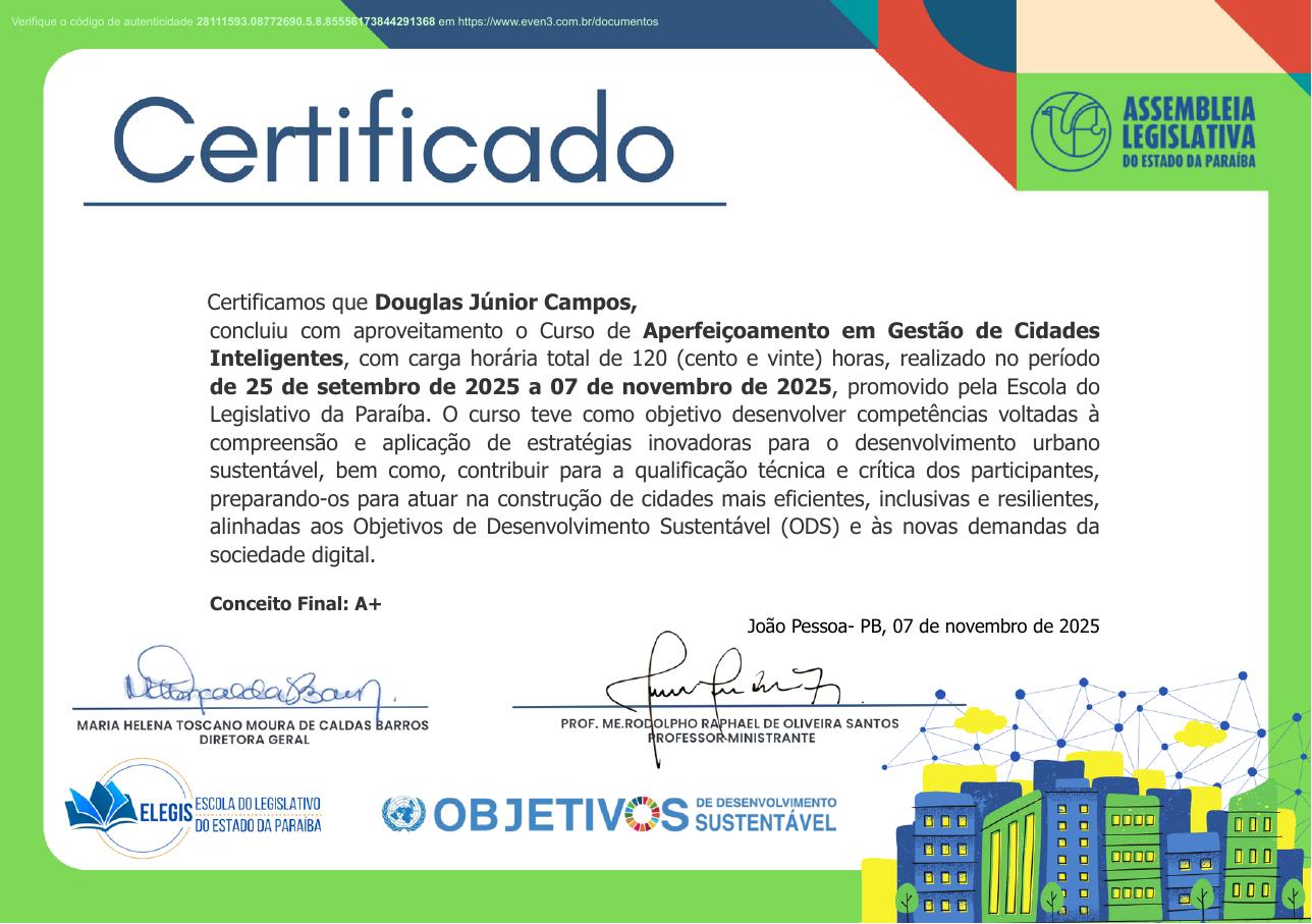 Certificado do curso Gestão de Cidades Inteligentes, emitido por Escola do Legislativo da Paraíba