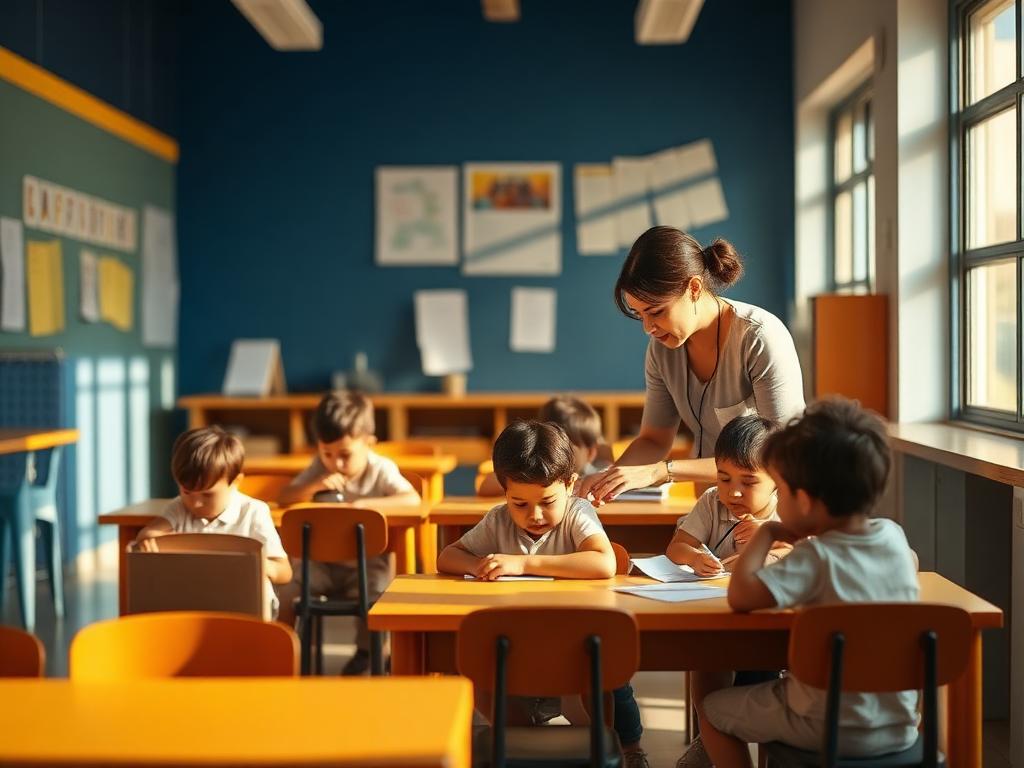 Crianças em sala de aula de uma creche municipal com professora