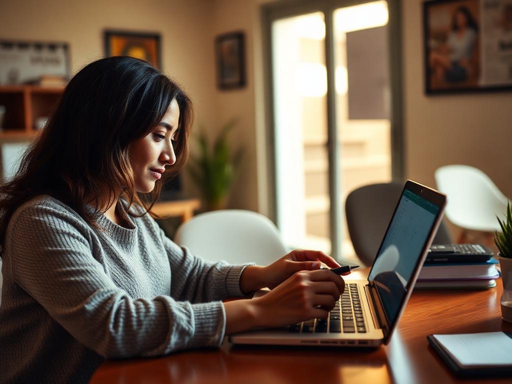 Mulher escrevendo um projeto no computador em escritório de ONG