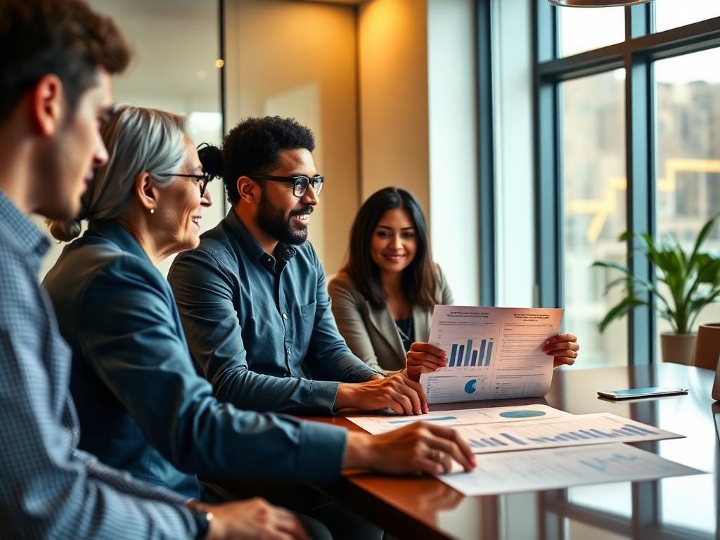 Reunião entre lideranças e parceiros analisando relatório de impacto