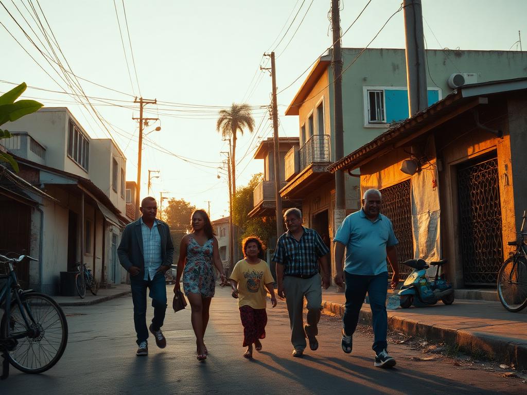Lideranças comunitárias caminhando por uma rua de bairro ao entardecer